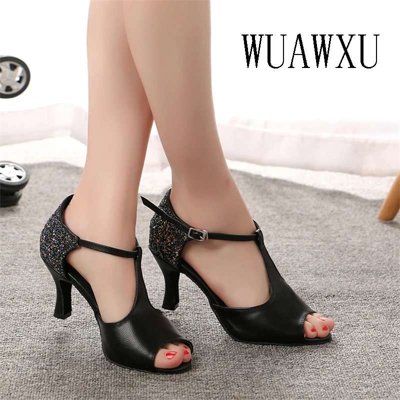 NATASHA 2023 Genuine leather plus seven color sequins Latin dance shoes Fish Mouth Black 7.5 Medium High Heel Soft Sole Square d