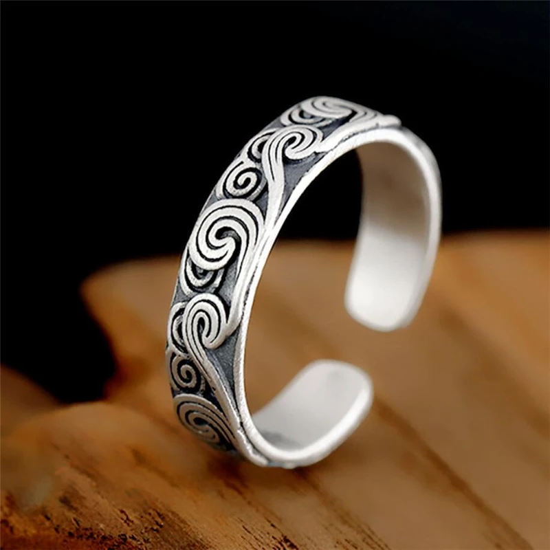 WYEAIIR 925 Sterling Silver Ethnic Retro Good Luck Cloud Wave Resizable Opening Ring For Women Luxury Jewelry 3