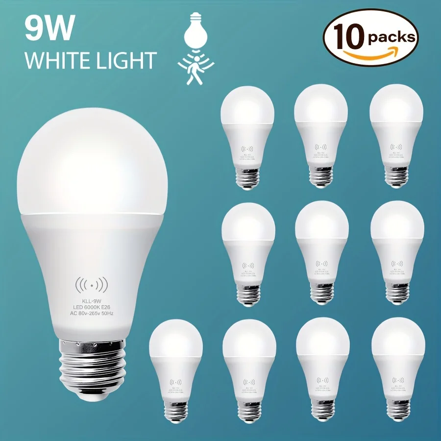 

10 Pack Motion Sensor Light Bulbs, 9W(Equal to 80W)Motion Detector Auto Activated Dusk To Dawn Security LED Bulb, E26 6000K Day