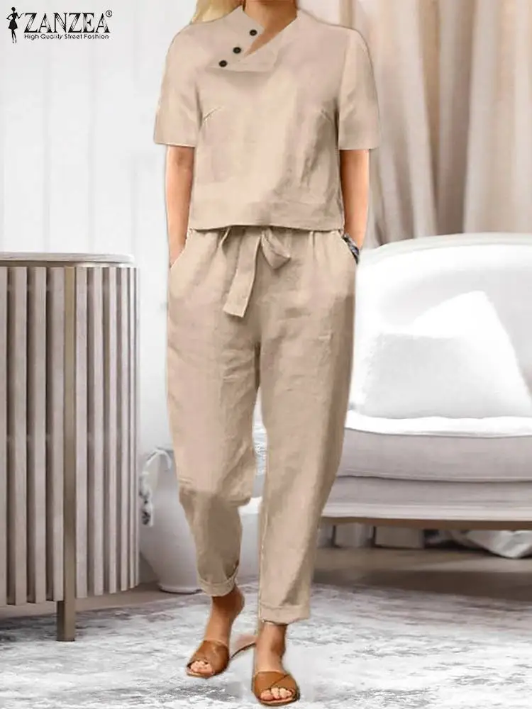 

2PCS Summer Women Matching Sets Short Sleeve Tops Pants Sets ZANZEA Casual Solid Trousers Suits Urban Tracksuit Work Outfits