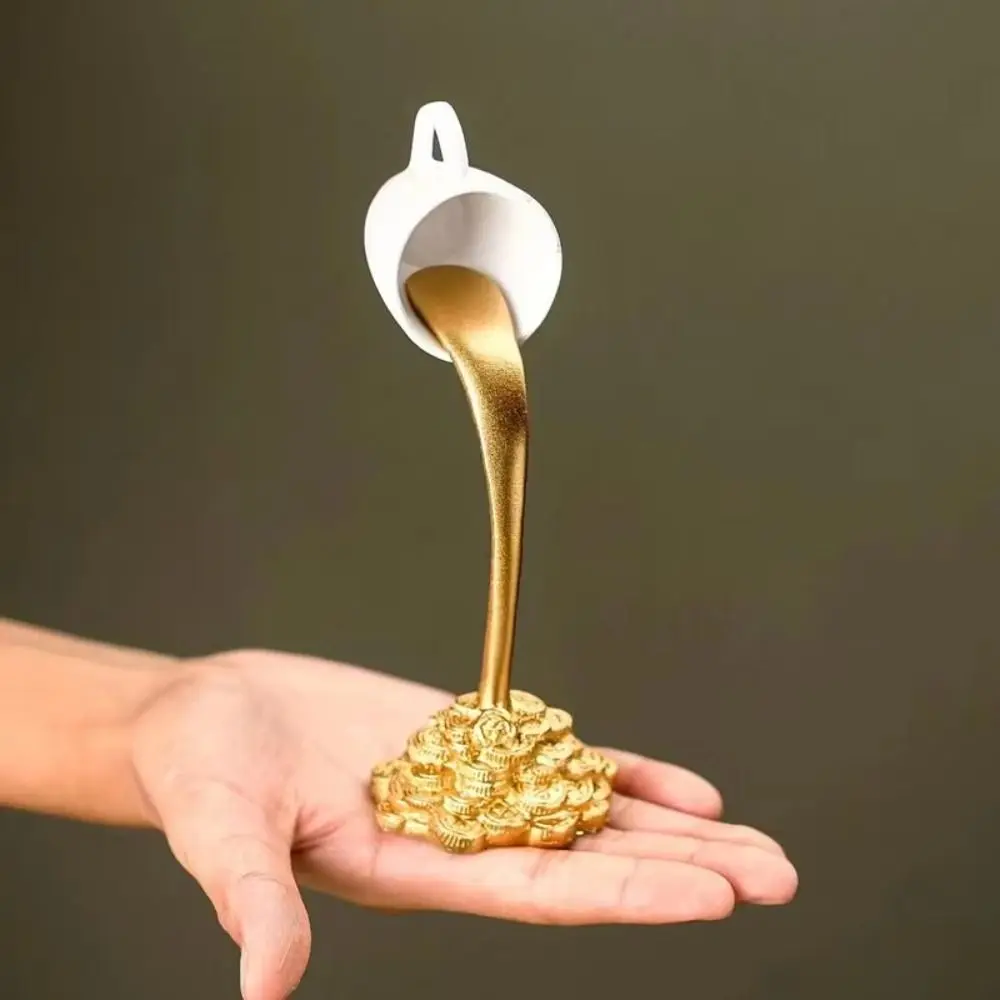 Liquid Gold Floating Mug Figure Novelty Coin Spilling Coffee Ornaments Funny Resin Floating Coffee Cup Figurines Office