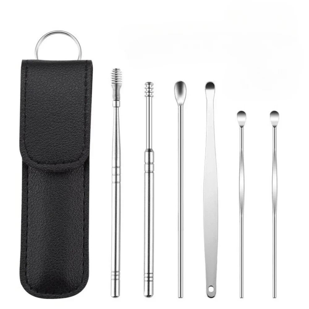 Stainless Steel Ear Digging Spoon Leather Cover 6pc Cleaner Scoop Double-Headed Spiral Cleaning Health Care Ear Picking Tool Set 2