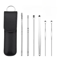 Stainless Steel Ear Digging Spoon Leather Cover 6pc Cleaner Scoop Double-Headed Spiral Cleaning Health Care Ear Picking Tool Set 2
