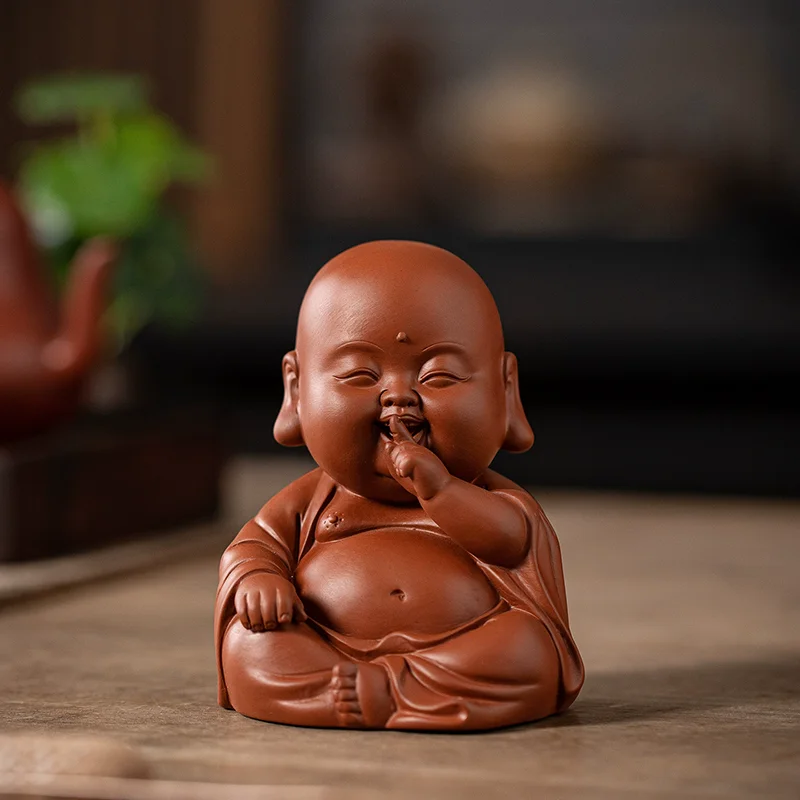 Ceramic Laughing Buddha Statue for Wealth, Three No Evil Maitreya Figurine, Zen Desk Decor for Home Office Entryway Tea Table