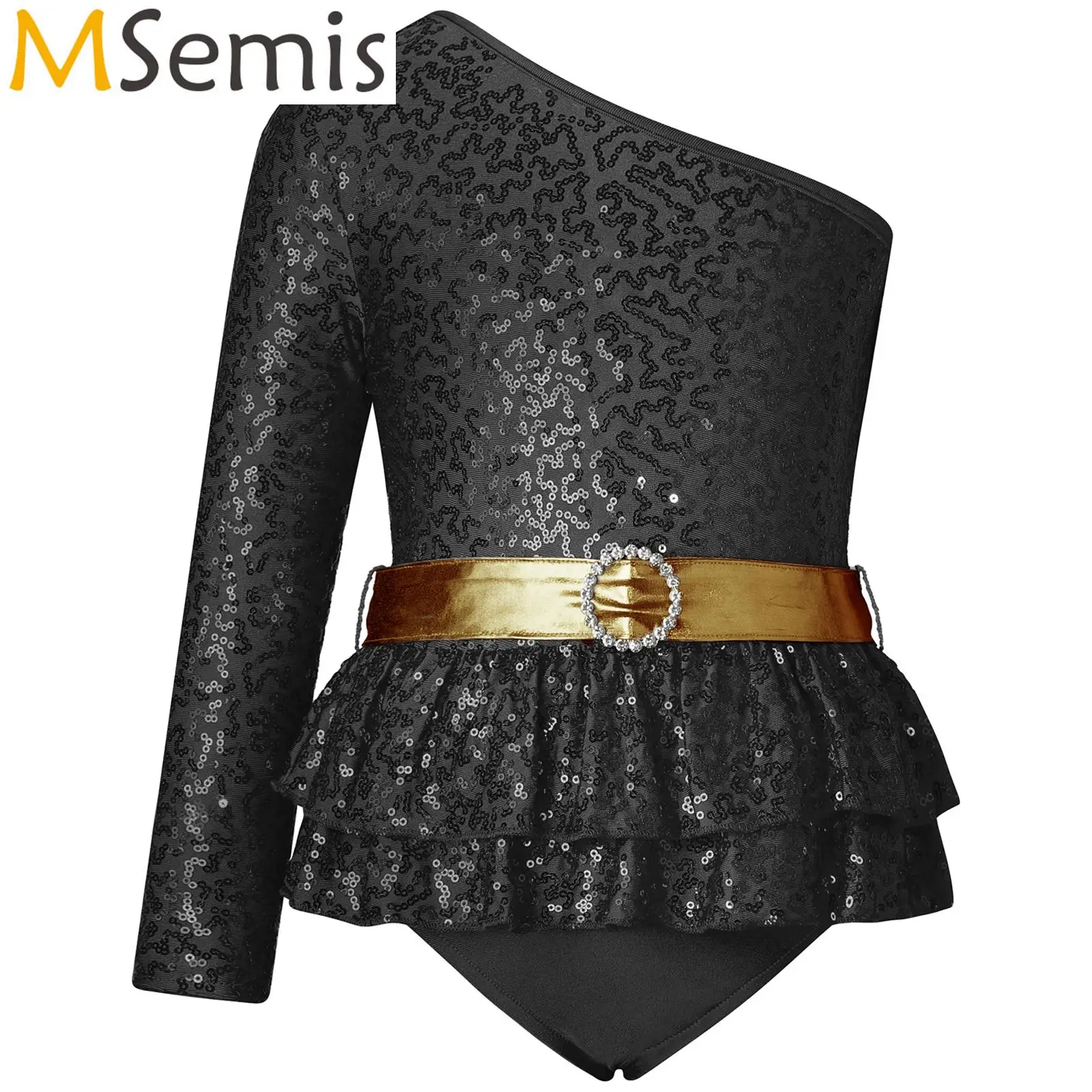 

Kids Girls Figure Skating Gymnastic Dress Single Long Sleeve Oblique Shoulder Shiny Sequin Ballet Lyrical Dance Leotards Dresses