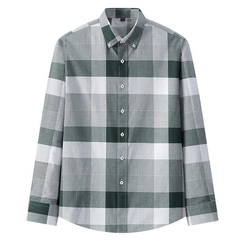 New Plus Size S~5XL Pure Cotton Oxford Plaid Shirts For Mens Long Sleeve Dress Shirt Male Casual Soft Comfort Slim Fit Clothing