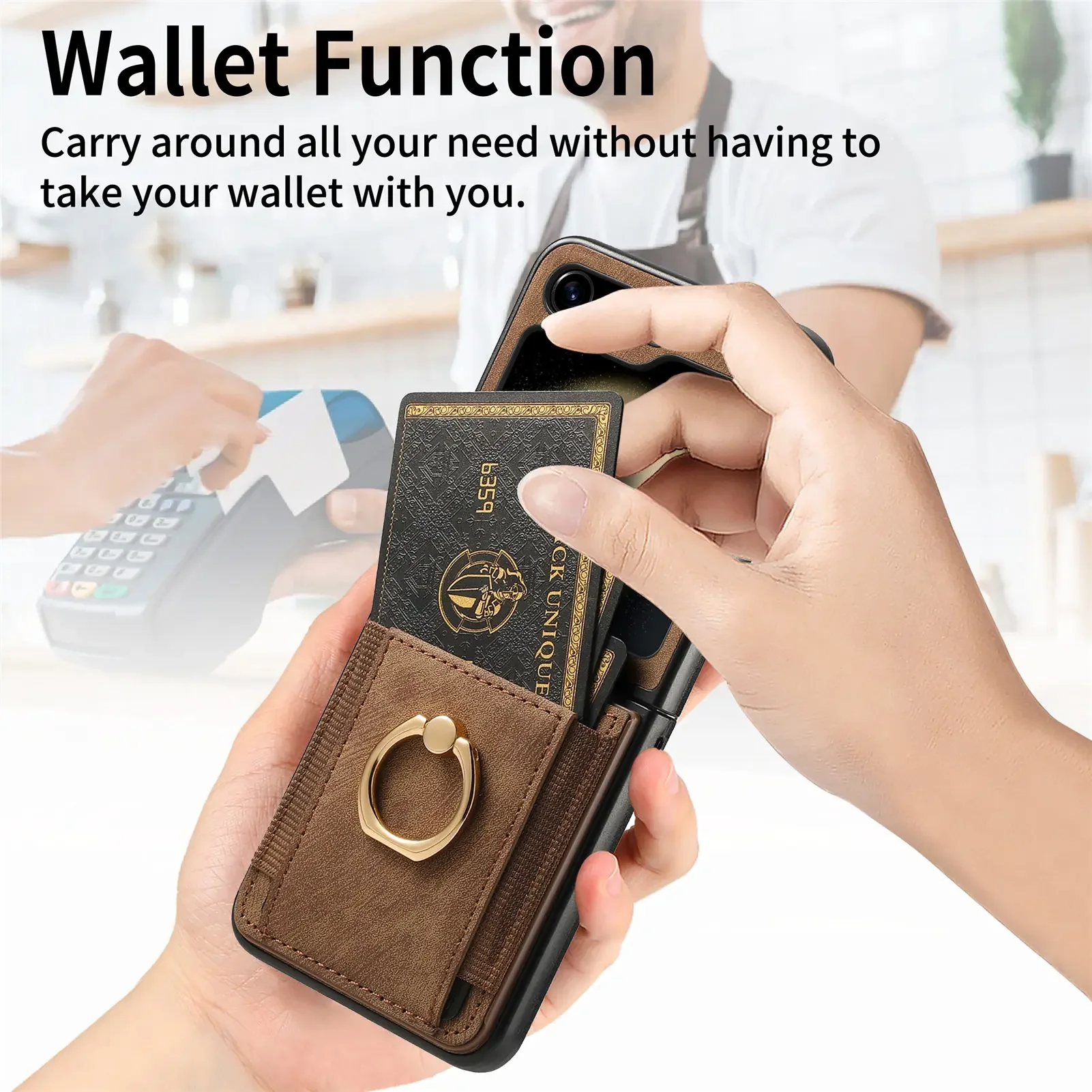 Vintage Leather Wallet Folding Case with Magnetic Ring Holder and Card Slot
