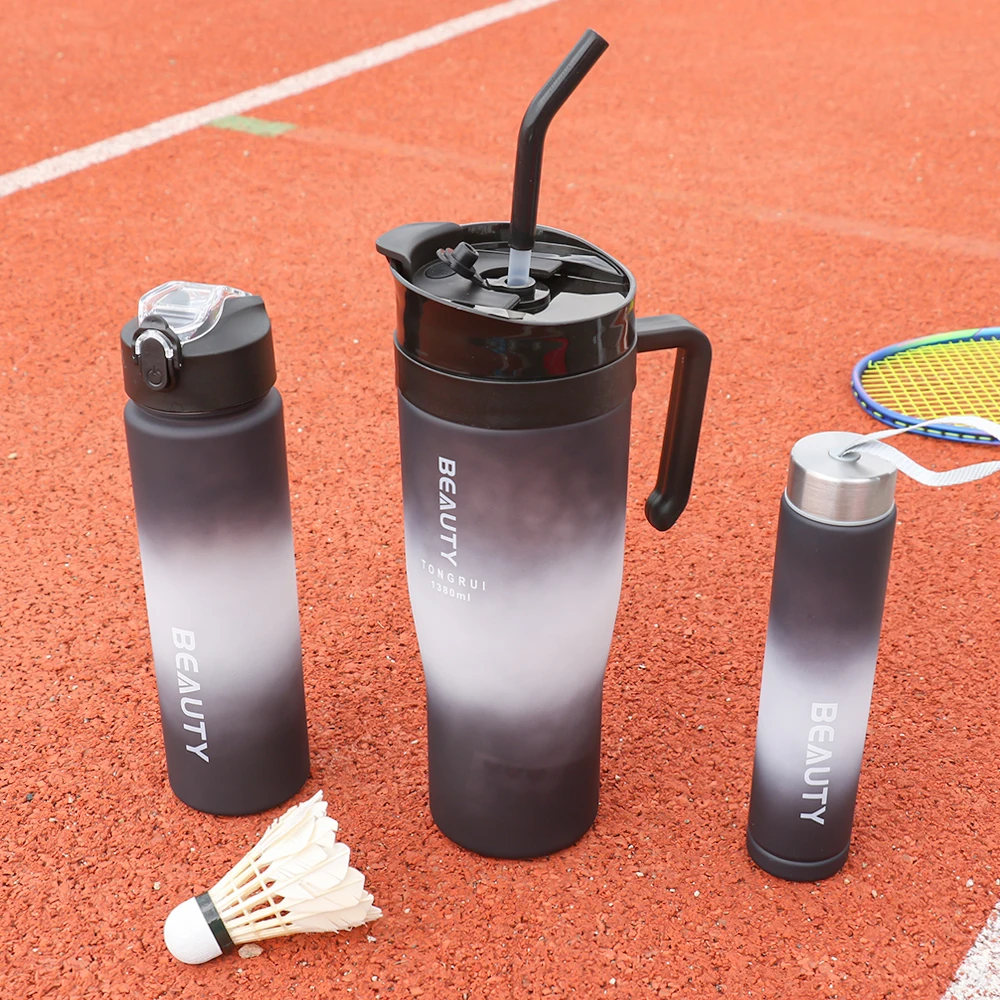 3-piece gradient plastic water cup set, 1380ml/46.6oz, 800ml/27oz, 280ml/9.5oz leak proof portable sports large capacity straw c