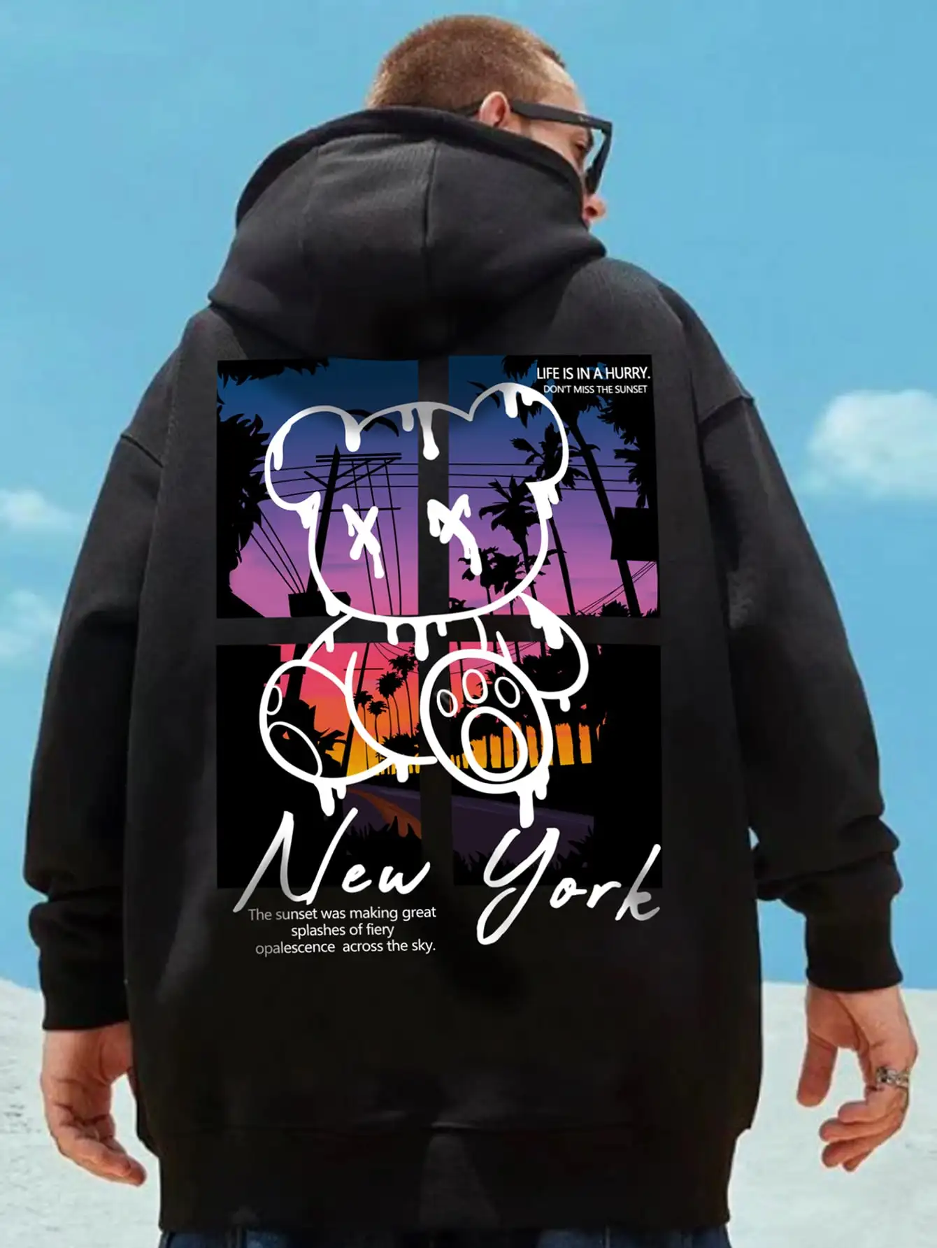 New York Art Word Cartoon Bear Sunset Scenery Design Male Clothing Hip Hop Street Hoodies All-Match Pocket Pullovers Men Hoody - Image 4
