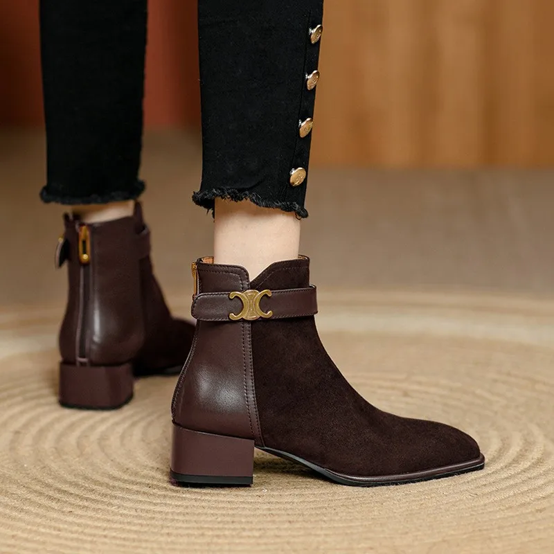 British Style Low Heels Ankle Boots Women 2023 Autumn Suede Faux Square Toe Short Boots Woman Thick Square Heel Retro Booties