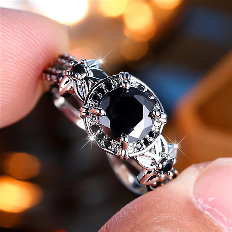 Luxury Female Black Round Flower Zircon Stone Engagement Ring Trendy Silver Color Bride Wedding Jewelry Gift For Women