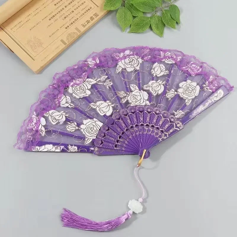 1PC Rose Lace Fan Folding Folding Fan Dance Dance Ancient Style Hanfu Chinese Fan