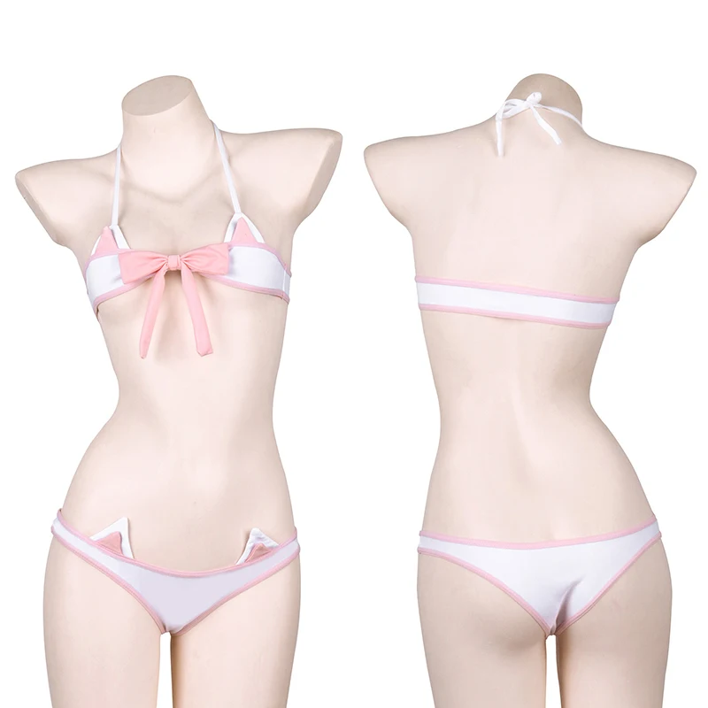 

Cat Girl Mini Pink Playful And Cute Bikini Set Bandage Backless Sexy Three PointLingerie Bow Japanese Swimsuit Role Play
