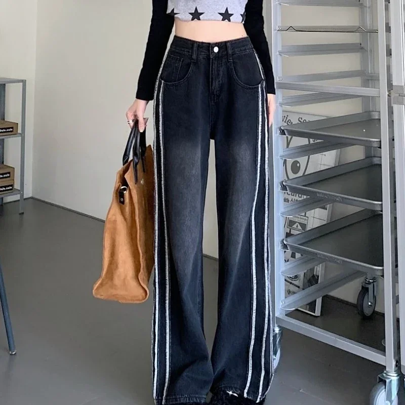 

With Pockets Female Denim Pants Straight Leg Black Stripe Trousers High Waist Shot Women's Jeans Good Quality Wholesale Shiny A