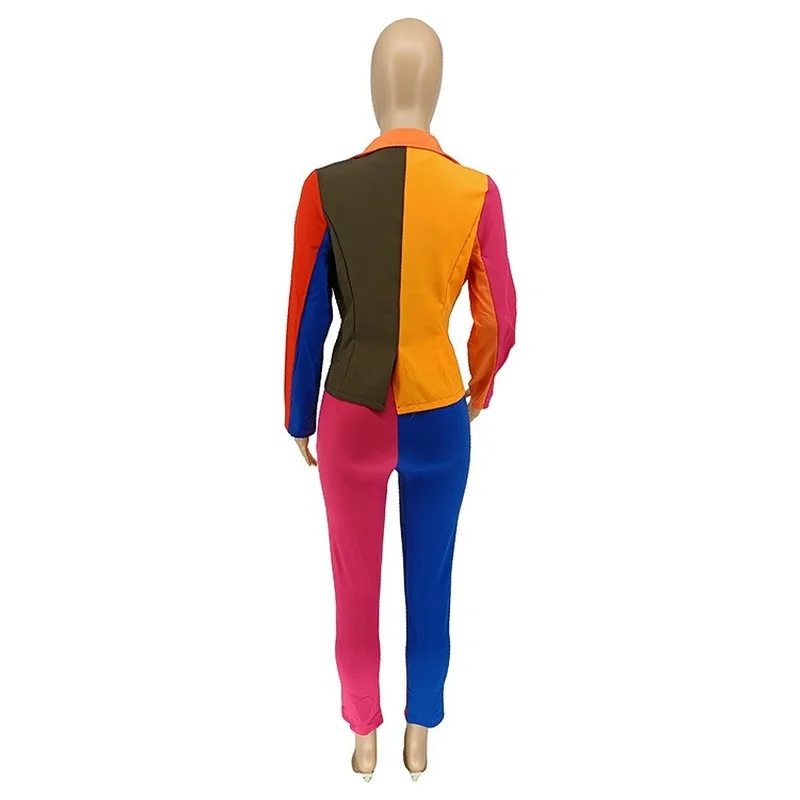 Indie Contrast Colors Blazer Women Patchwork V-Neck Single Button Casual Office Blazer with Fake Pocket New Work Wear Plus Size