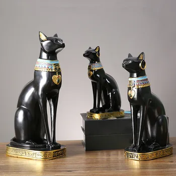 Egyptian Cat Goddess Bastet Statue Animal Sculpture Tabletop Decoration Figurine Black for Table Living Room Shelf Bedroom Desk