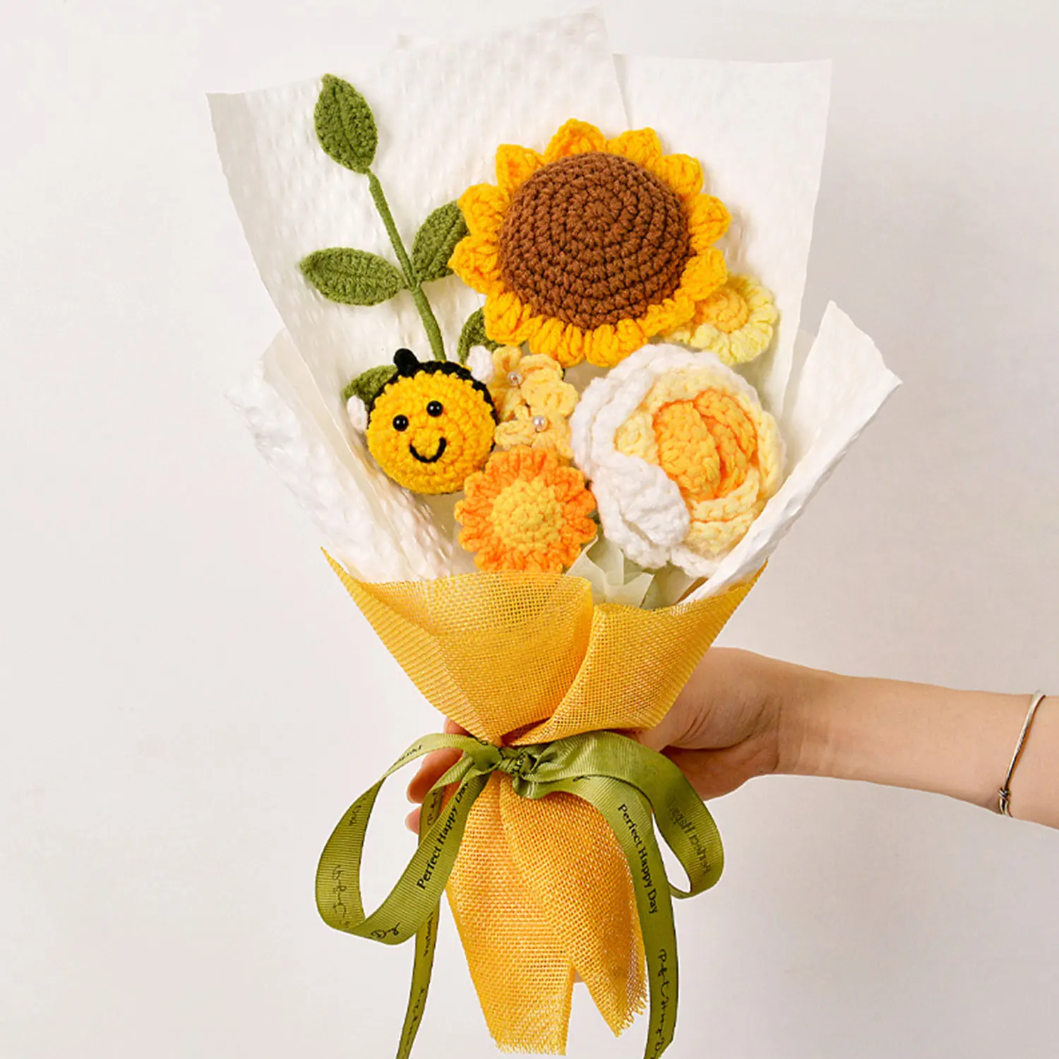 Gehäkelter Sonnenblumenstrauß als Abschlussgeschenk, handgefertigte Sonnenblumenrose für Hochzeitsstrauß, Heimdekoration, Jahrestag, Geburtstag