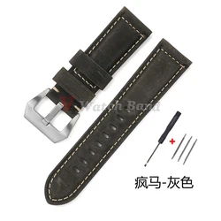 Authentic Retro Calf Leather Watchbands - Premium Cowhide Crazy Horse Straps - 22mm (Gray - Silver)