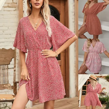 2024 Europe and the United States spring and summer new women's dress print V-neck short-sleeved casual loose dress women 1