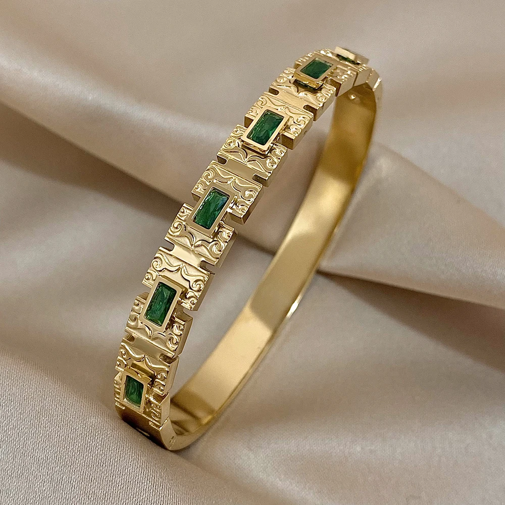 Bangle Bracelet Zircon Bracelet Stainless Steel Bracelet Flashbuy Trendy Chic Green Zircon Stainless Steel Bangle Bracelets for Women Charm Texture Simple Gold Color Accessories