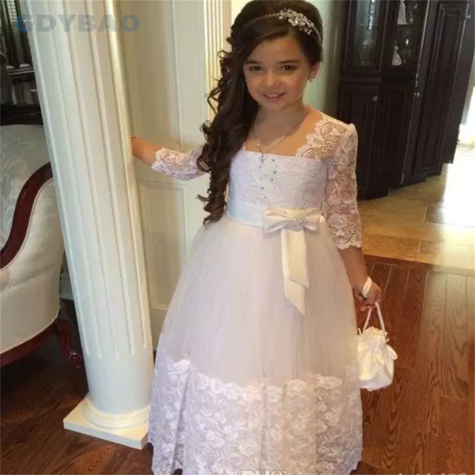 

Short Sleeve Flower Girl Dresses Champagne Lace Fluffy Bow Sleeveless Cascading Kids Pageant Gowns For Weddings First Communion