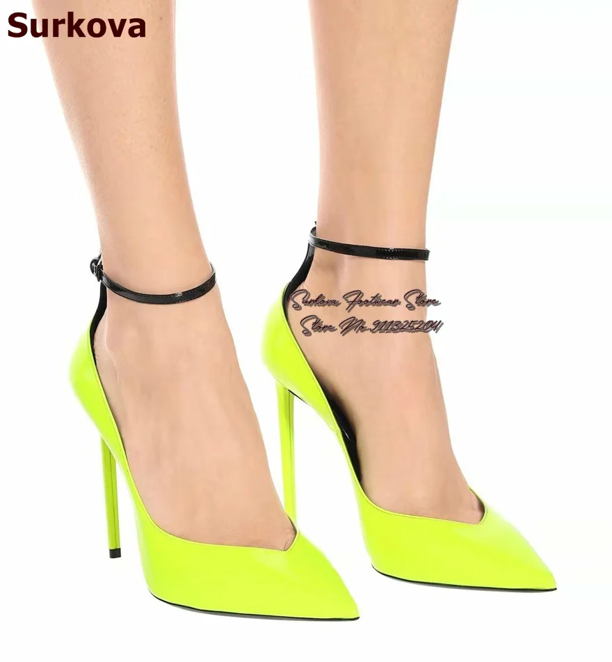 

Surkova Neon Green Patent Leather Stiletto Heel Wedding Shoes V-Shaped Cut Shallow Pointed Toe Dress Pumps Ankle Buckle Strap