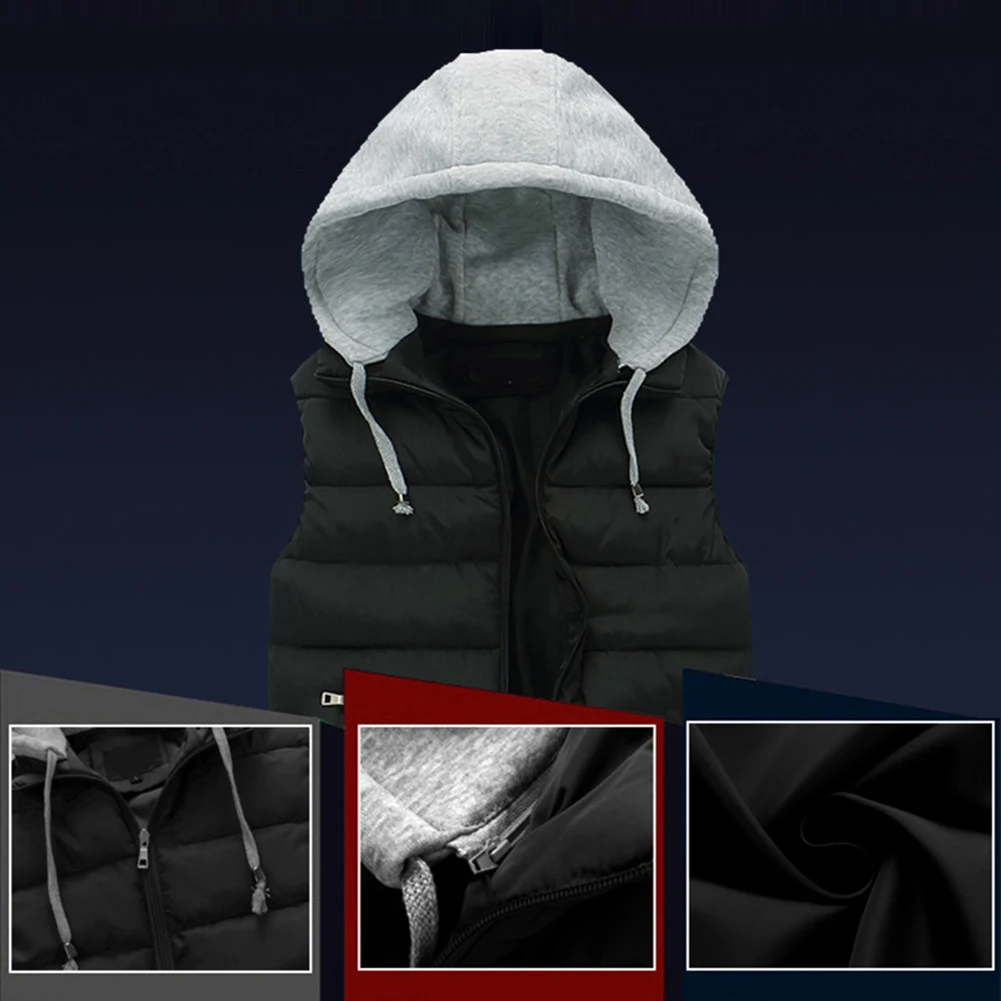 Description Picture 6 of itemFashion Men's Warm Padded Vest With Hood Windproof Sleeveless Zip-up Solid Color Casual Jacket Vests Waistcoat Man Clothing