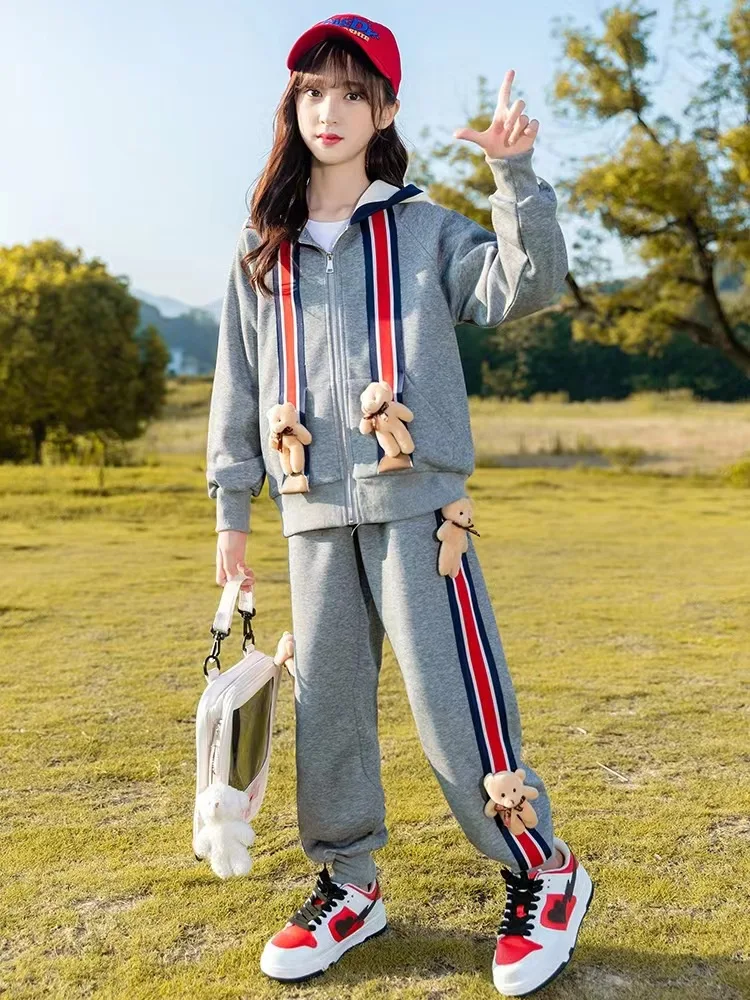 

Girls Winter Casual Clothes Set Kids Fashion Jiatong Striped Splicing Hooded Jacket + Pants 2 Pieces Set Teenagers Autumn Trend