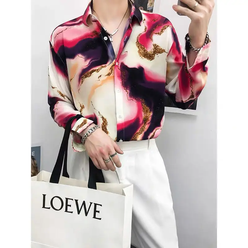 Spring Summer KPOP Fashion Style Harajuku Slim Fit Shirt Loose Casual All Match Tops Pointed Collar Printed Long Sleeve Blusa