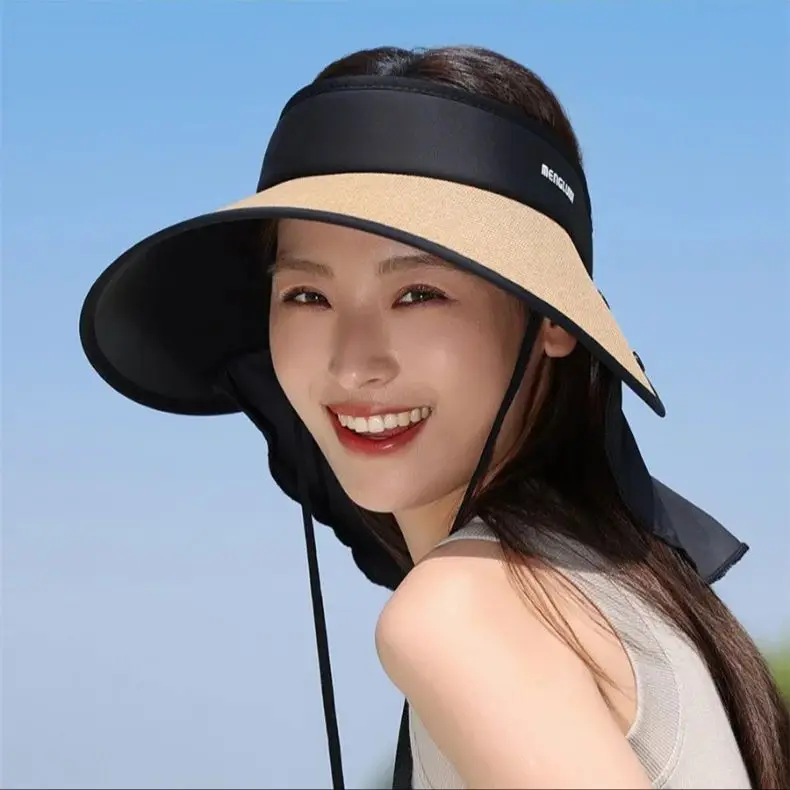 업그레이드된 대형 챙 할로우 탑 빨대 모자, 여성용 여름 햇빛 가리개, 야외 UV 타이 포니테일 자외선 차단 모자