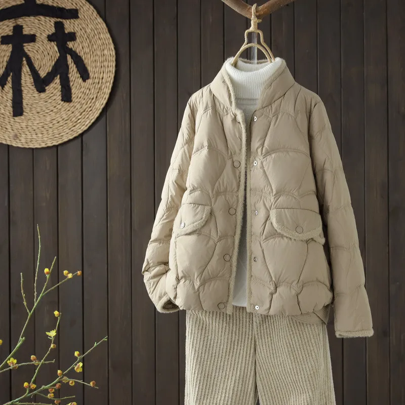 

Winter Women Light Bigsize White Duck Down Coat Parkas Loose Fur Patchwork Down Jacket Female Long Sleeve Short Warm Outwears