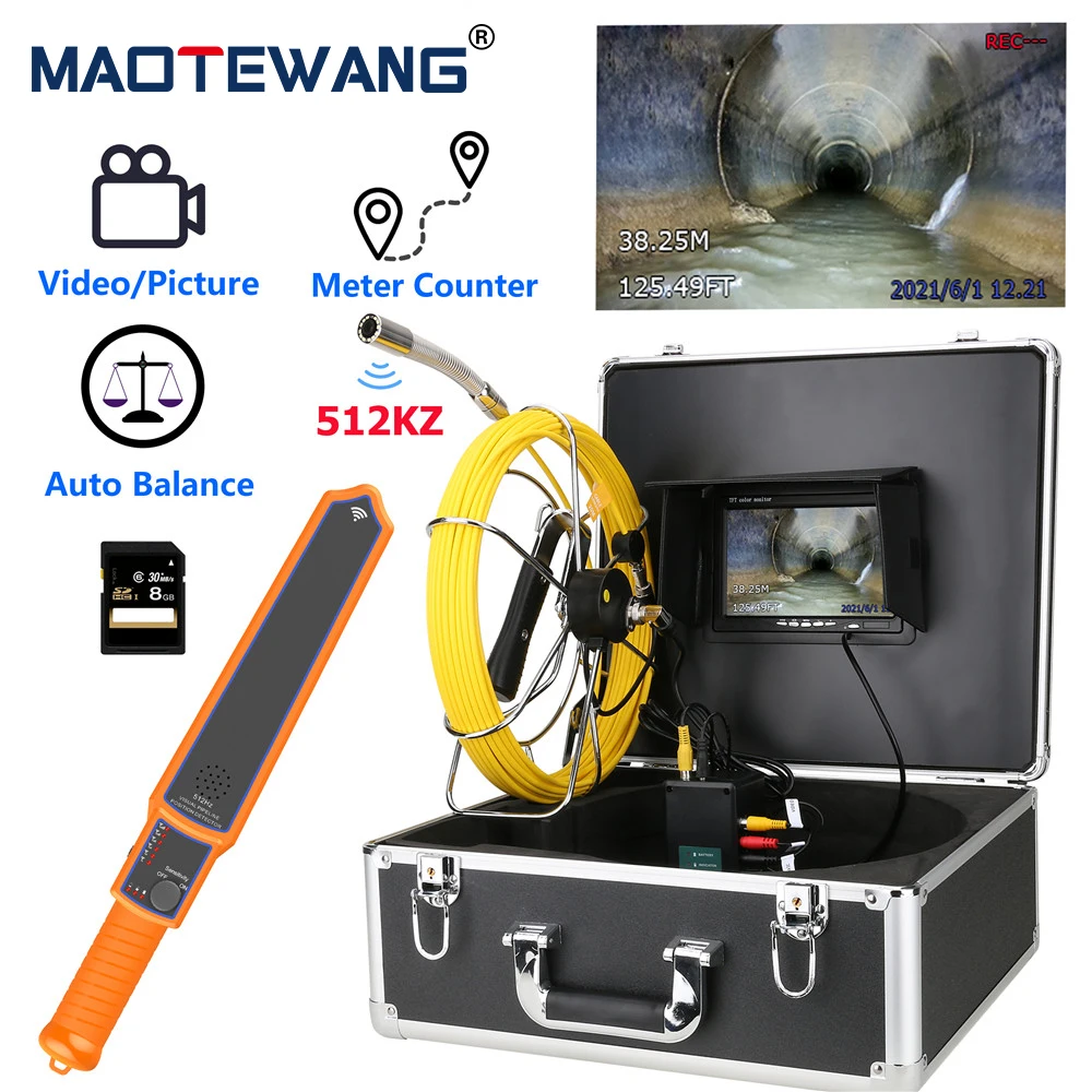 

Sewer Pipe Inspection 7"DVR Video Camera with Meter Counter, Auto Self Leveling, 512HZ Pipe Locator, Industrial Endoscope System