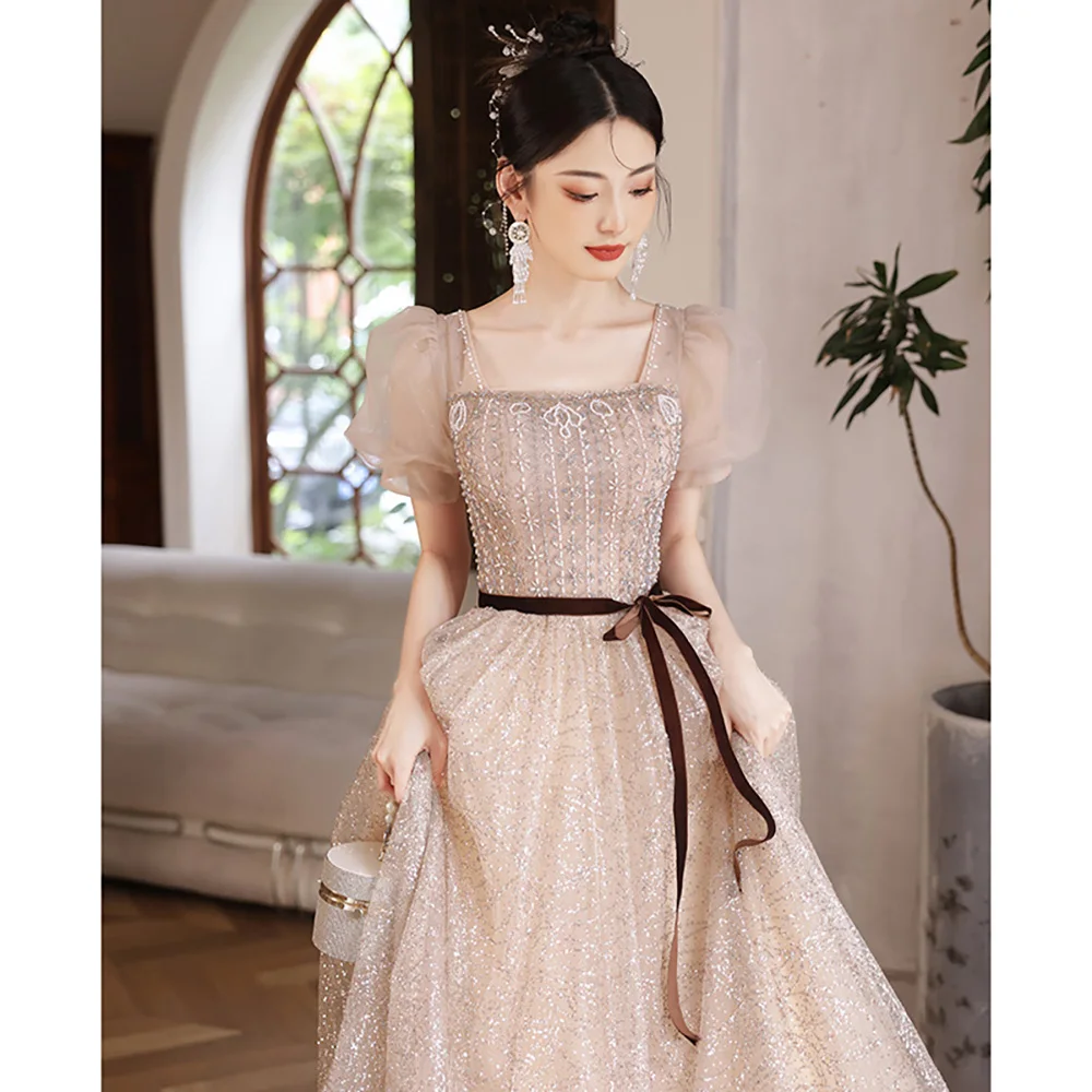 

Luxury Banquet Evening Dress for Women Princess Square Collar Puff Sleeve Shiny Beading Long Dresses Girls Quinceanera Ball Gown