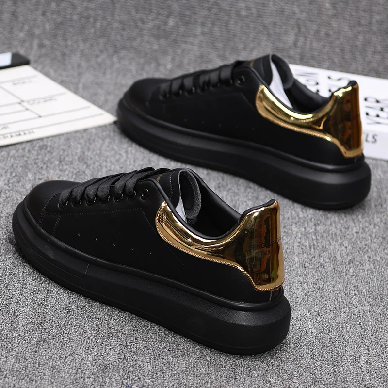Fashionable casual shoes for couples, black and gold leather sneakers, outdoor tennis sneakers, luxury brand sneakers