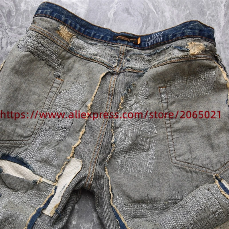 Washed Damaged Embroidery Patches Vintage Denim Jeans Men