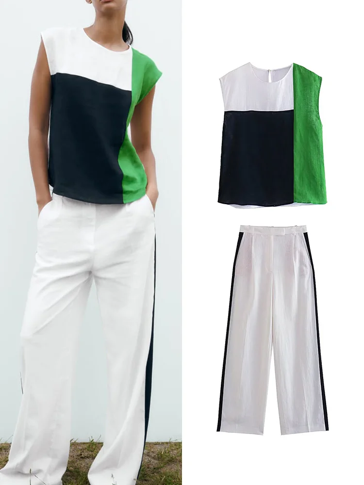 

Patchwork Crop Sleeveless Top Women Suit Casual Pants Set Outfits TRAF Women 2 Piece Linen Pants Sets 2023 New Fashion Print