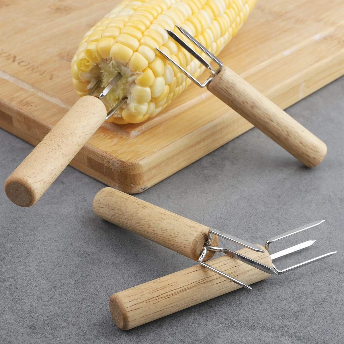 2Pcs Corn Holders Stainless Steel Cob Skewers Fruit Forks Wooden Handle Outdoor BBQ Tools Picnic Cooking Tools