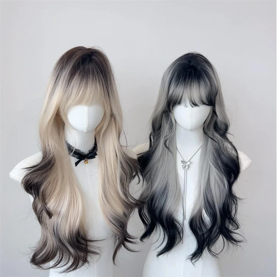 Brown Black Synthetic Wig with Bangs for Women