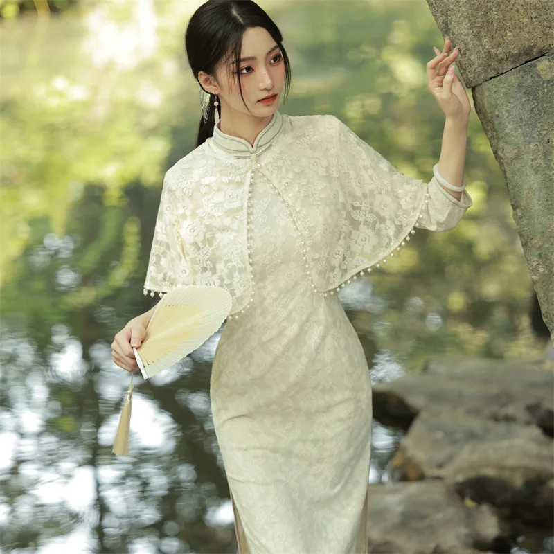 

Women Chinese Style Print Slim Cheongsam French Retro Lace Mini Dress Vintage Oriental Qipao Party Dresses Bodycon Vestidos