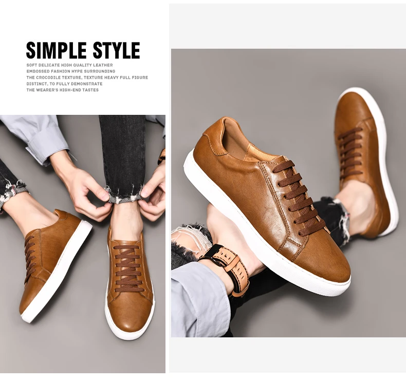 Fashion Genuine Leather Brown Sport Shoes Breathable Casual Shoes Round Toes Board Shoes England Style Men Shoes Sneakers Men