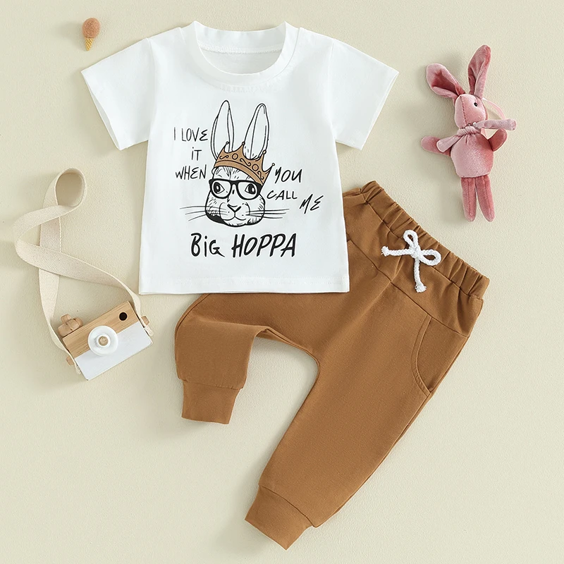 Toddler Baby Boys Easter Day Clothes Sets 0-3Y Short Sleeve Cartoon Rabbit Letter Print Tops Drawstring Pants