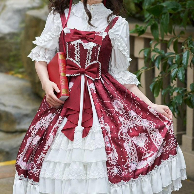 Lolita Dress Japanese Elegant Vintage Style Bow Flower Print Cosplay