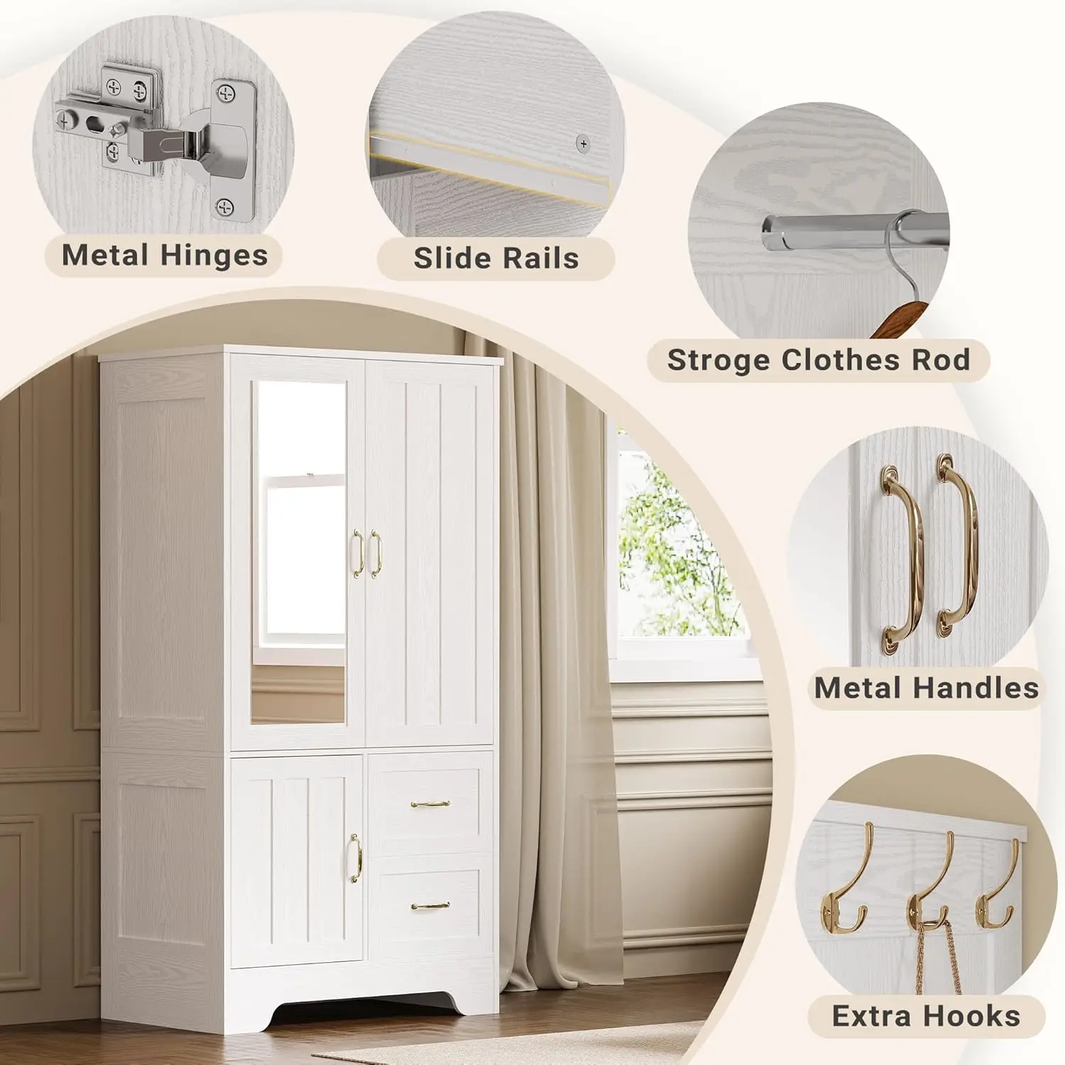 Wardrobe Closet with Mirror and Doors and Drawers and Shelves, Wooden Armoire Storage Cabinet with Hanging Rod for Bedroom 4