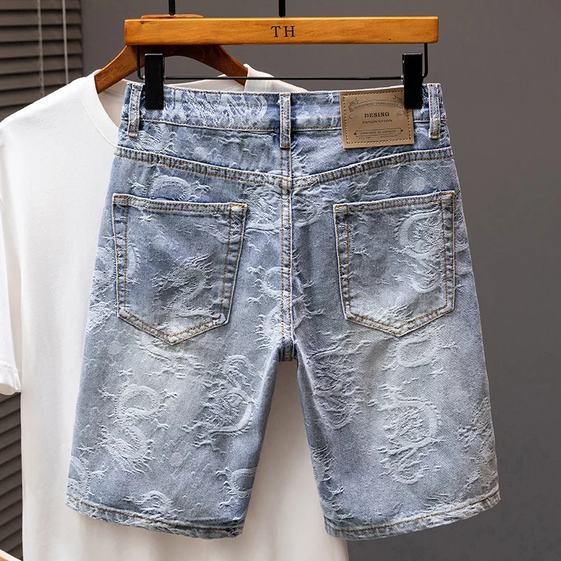 2024 Summer New Personality Dragon Print Stylish Straight Blue Denim Shorts Male Street Style Men's Straight Denim Shorts 2