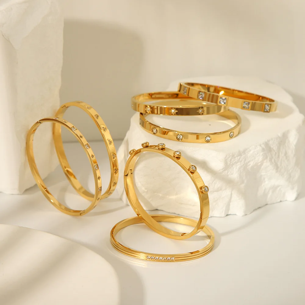 18K Gold Plated Polished No Tarnish Zircon Rhinestone Metal Bangles Bracelet Women Waterproof Stainless Steel Twist Open Bangle