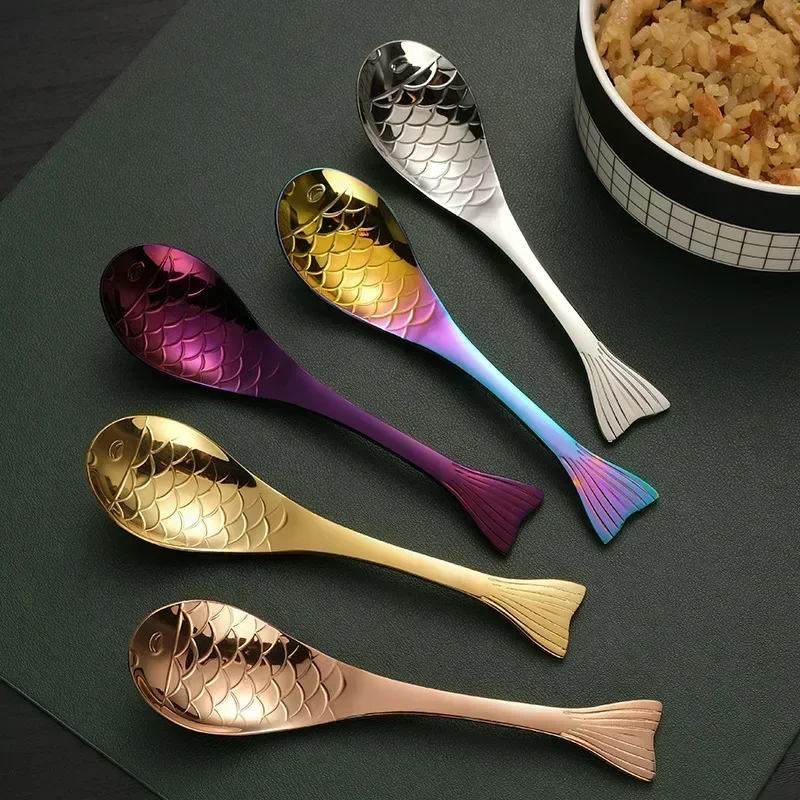 Cute Fish-Shaped Stainless Steel Soup Spoon, Food Grade Cutlery for Ice Cream Desserts, Creative Mermaid Spoon Kitchen Tableware 1