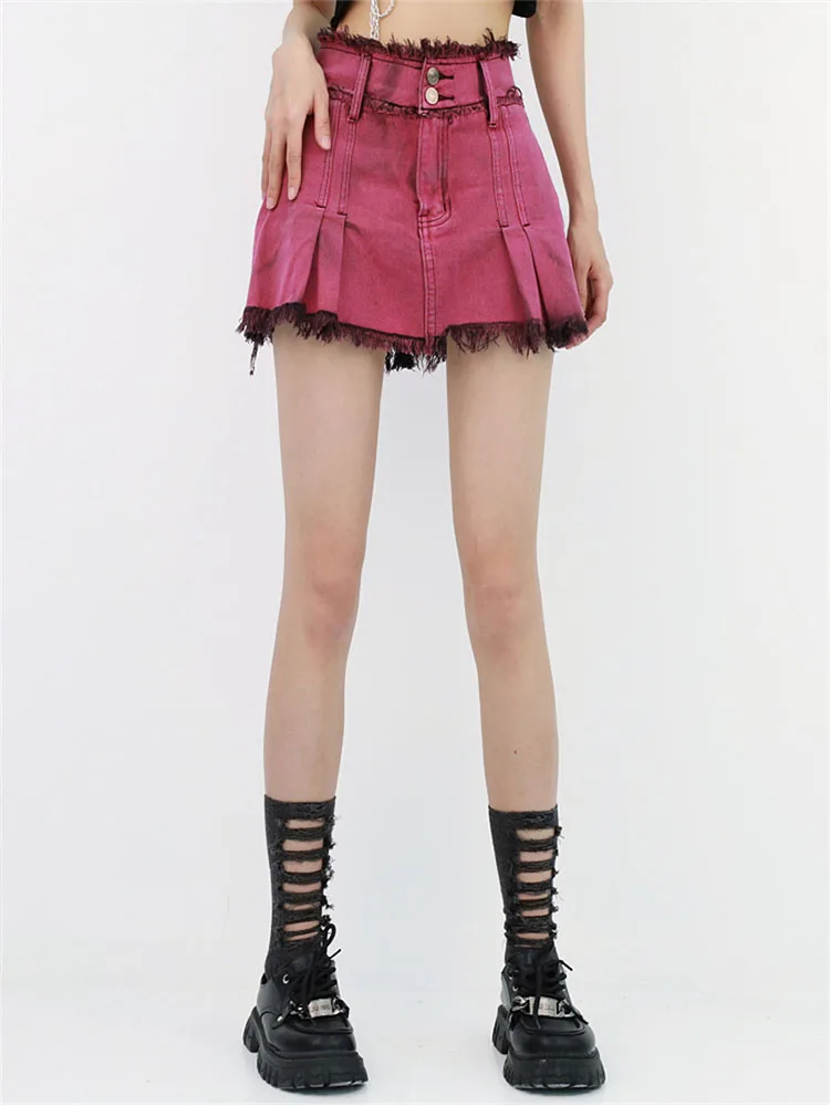 

Женская джинсовая юбка Y2k, Готическая плиссированная юбка с высокой талией и поясом того же цвета, джинсовые мини-юбки в Корейском стиле, Готическая розово-красная юбка