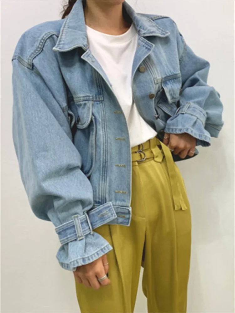 Syiwidii Denim Jacket for Women Loose Single Breasted Turn Down 