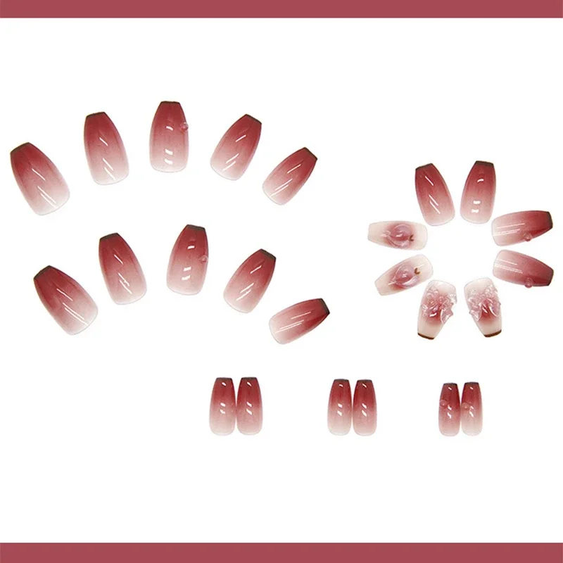 24pcs-Gradient Color Manicure Peach Design Oxed Love Peach Bow Color Changing with The Sun Light  3D Wearing Nail