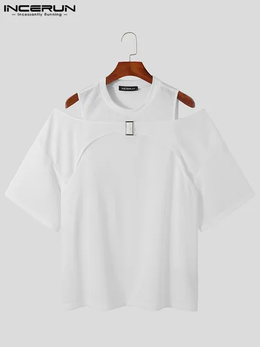 INCERUN 탑스 2023 한국어 스타일 뉴 중공 숄더 Camiseta 패션 남성 솔리드 모든 매치 가짜 두 반팔 티셔츠 S-5XL 2
